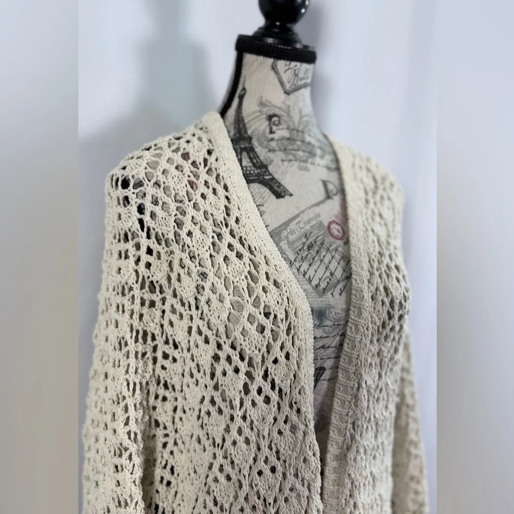 Artelier Nicole Miller Crochet Cream Open Knit Cardigan Size M Boho Chic - Picture 2 of 9